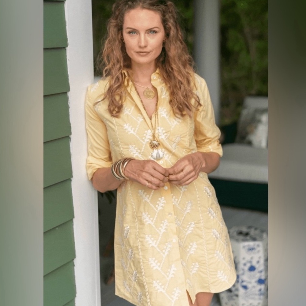 Julia Amory 100% Cotton Yellow Button Down Embroidered Long Sleeve Shirt Dress M